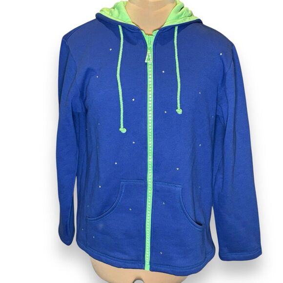 QUACKER FACTORY QVC Size Small Blue Cotton Fleece Rhinestone Hoodie Jacket - Picture 1 of 11